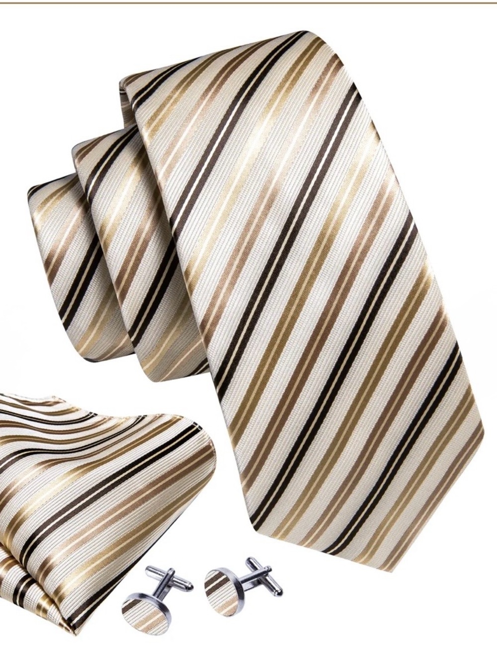 Striped Champagne & Brown  Tie Set